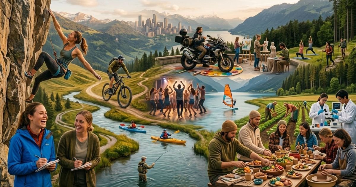 Menschen bei verschiedenen Aktivitäten in der Schweiz: Wandern, Klettern, Kajak, gemeinsames Essen und Werkstattarbeit